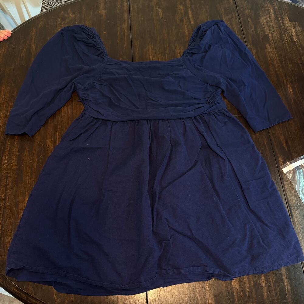 Anthro forever that girl navy puff sleeve ruched linen mini dress a line - Picture 3 of 11